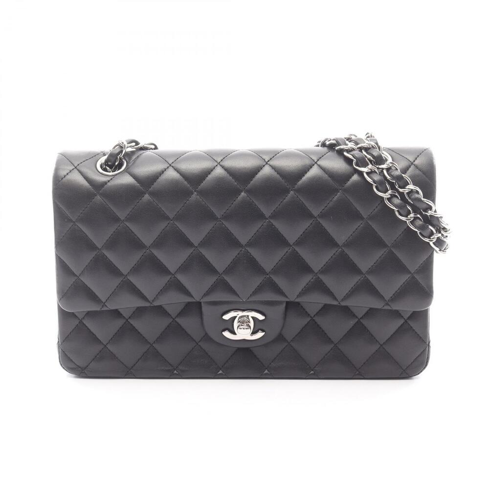 Chanel Matelasse Double Flap Shoulder Bag Lambskin Sheepskin Black